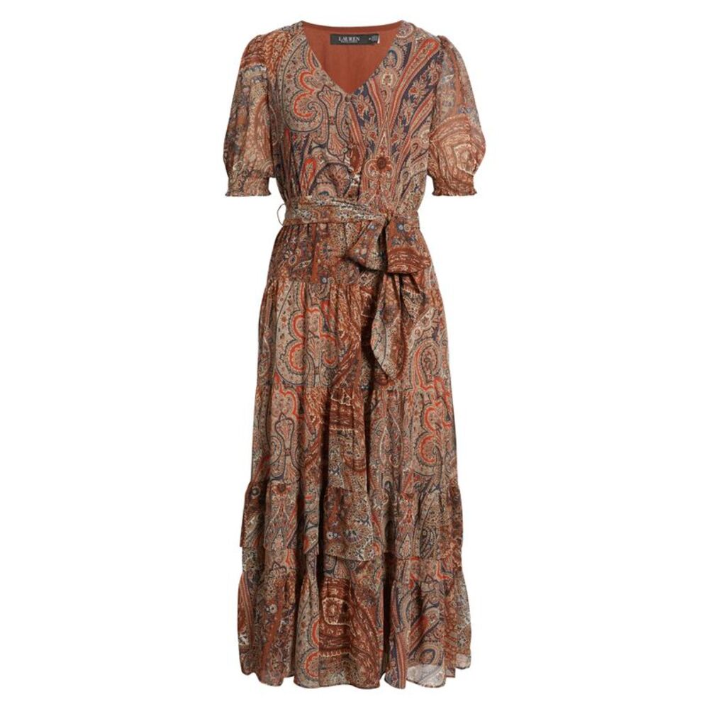 Lauren Ralph Lauren Womens Paisley Belted Crinkle Georgette Dress 8 Cream Multi